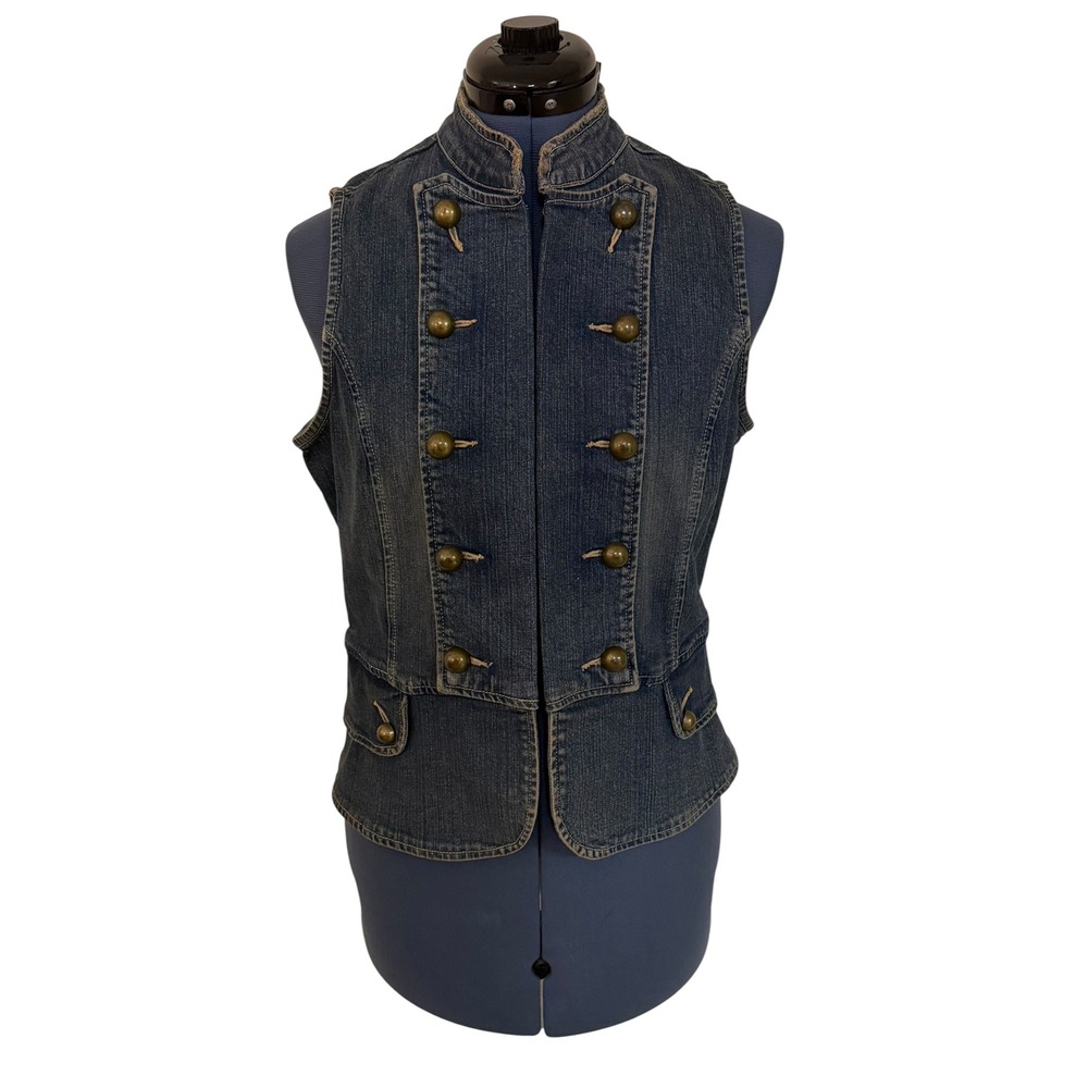 Vtg A.M.I. Womens Blue Denim Military Vest Brass Button Steampunk Y2K Pirate PM